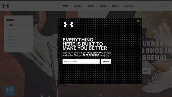 Like many leading fitness clothing brands, the Under Armour online store emphasizes email marketing and collecting email addresses.